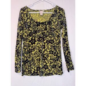 Sundance Top XS Velvet Burnout Peasant Blouse Floral Green Black Scoop Neck‎ LS